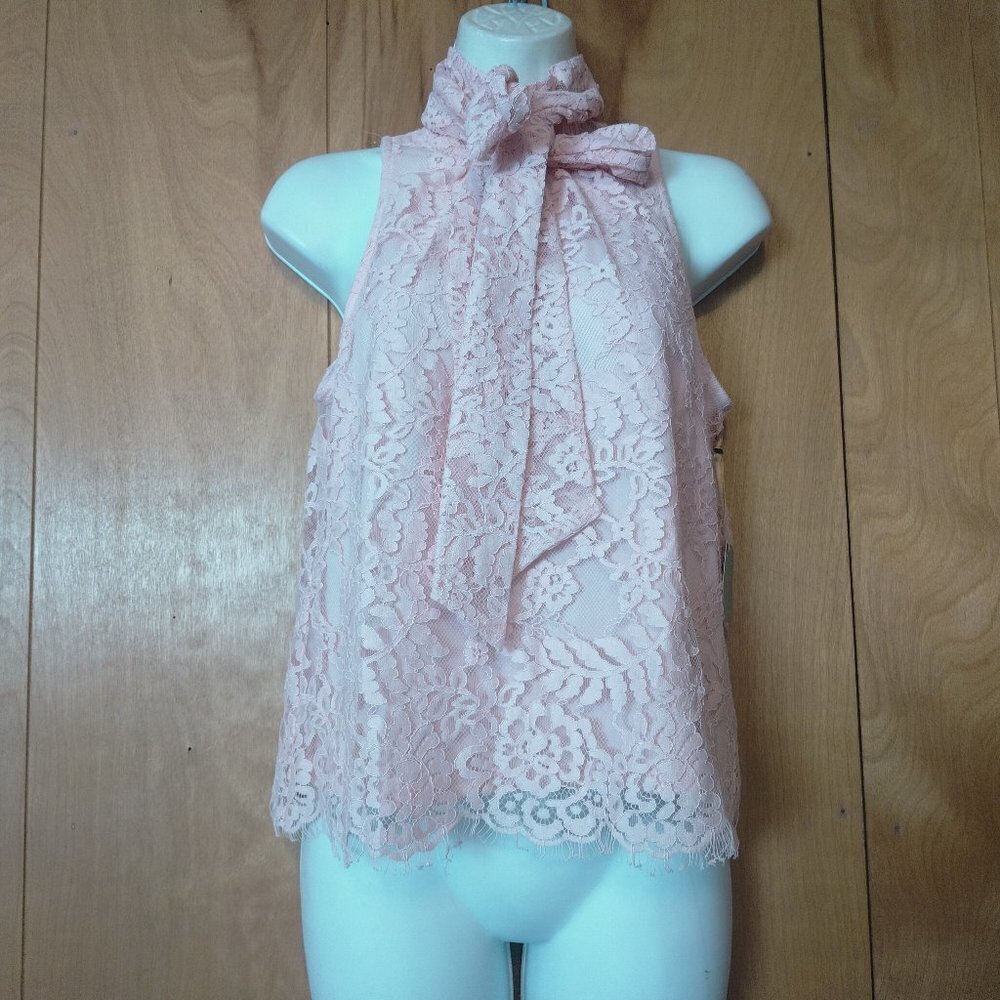 Ryegrass Pink Sleeveless Lace Blouse Lined Pullover With Tie Neck Size XS
